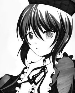 Rating: Safe Score: 0 Tags: 1girl apron blush closed_mouth eyebrows_visible_through_hair frills gradient gradient_background greyscale hat image looking_at_viewer monochrome ribbon short_hair short_hair_with_long_locks solo souseiseki striped upper_body User: admin