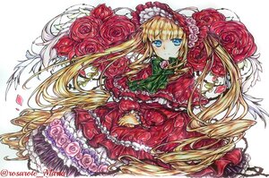 Rating: Safe Score: 0 Tags: 1girl blonde_hair blue_eyes bonnet bow bowtie dress flower green_bow green_neckwear image lolita_fashion long_hair long_sleeves looking_at_viewer pink_flower pink_rose red_flower red_rose rose shinku solo traditional_media twintails very_long_hair User: admin