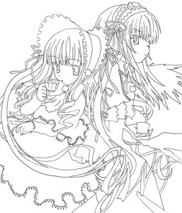 Rating: Safe Score: 0 Tags: 2girls back-to-back dress eating frills greyscale hairband holding image lineart lolita_hairband long_hair long_sleeves looking_at_viewer monochrome multiple_girls pair ribbon shinku siblings simple_background sisters suigintou upper_body very_long_hair white_background User: admin