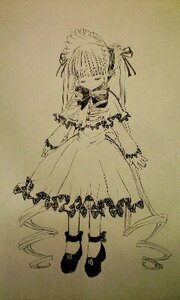 Rating: Safe Score: 0 Tags: 1girl bow dress full_body image long_hair long_sleeves monochrome shinku shoes solo standing traditional_media User: admin