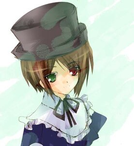 Rating: Safe Score: 0 Tags: 1girl blue_dress brown_hair dress green_eyes hat heterochromia image long_sleeves looking_at_viewer red_eyes short_hair simple_background smile solo souseiseki upper_body User: admin