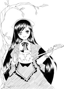 Rating: Safe Score: 0 Tags: 1girl dress frills greyscale holding image long_hair long_sleeves looking_at_viewer monochrome open_mouth ribbon smile solo suiseiseki very_long_hair User: admin