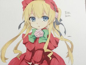 Rating: Safe Score: 0 Tags: 1girl blonde_hair blue_eyes bonnet bow bowtie dated dress flower green_bow image long_hair long_sleeves looking_at_viewer marker_(medium) photo pink_rose red_capelet red_dress rose shinku sidelocks signature simple_background solo traditional_media User: admin