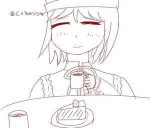 Rating: Safe Score: 0 Tags: 1girl blush closed_eyes closed_mouth cup food image monochrome short_hair smile solo souseiseki striped table teacup User: admin