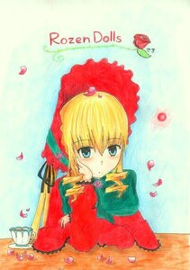 Rating: Safe Score: 0 Tags: 1girl blonde_hair blue_eyes bonnet cup dress drill_hair flower image long_sleeves petals pink_rose red_flower red_rose rose rose_petals shinku sitting solo teacup traditional_media twin_drills User: admin