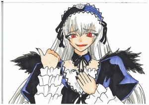 Rating: Safe Score: 0 Tags: 1girl black_wings detached_collar dress frilled_sleeves frills hairband image long_hair long_sleeves looking_at_viewer marker_(medium) open_mouth red_eyes ribbon silver_hair simple_background smile solo suigintou traditional_media upper_body white_background wings User: admin