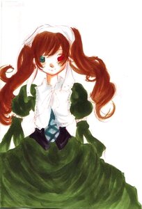 Rating: Safe Score: 0 Tags: 1girl bangs brown_hair dress frills green_dress green_eyes head_scarf image long_hair long_sleeves looking_at_viewer simple_background solo suiseiseki twintails very_long_hair white_background User: admin