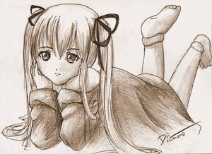 Rating: Safe Score: 0 Tags: 1girl barefoot chin_rest feet hair_ribbon image long_hair looking_at_viewer lying monochrome on_stomach ribbon shinku signature soles solo the_pose traditional_media twintails User: admin