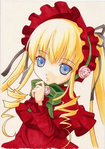 Rating: Safe Score: 0 Tags: 1girl blonde_hair blue_eyes bonnet bow bowtie dress drill_hair flower green_bow image long_hair long_sleeves looking_at_viewer marker_(medium) pink_flower pink_rose rose shinku sidelocks simple_background solo traditional_media twin_drills twintails User: admin