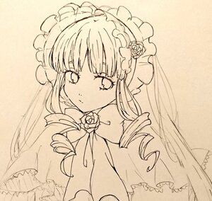 Rating: Safe Score: 0 Tags: 1girl bangs bonnet dress drill_hair flower frills image lineart long_hair long_sleeves looking_at_viewer monochrome ringlets rose shinku solo twin_drills upper_body User: admin