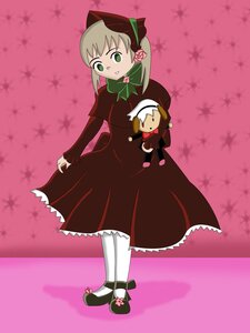 Rating: Safe Score: 0 Tags: 1girl blonde_hair bonnet bow doll dress flower green_eyes image long_sleeves shinku solo white_legwear User: admin