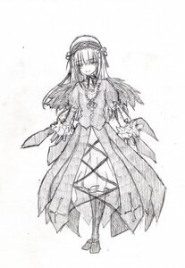 Rating: Safe Score: 0 Tags: 1girl dress eyebrows_visible_through_hair frills full_body greyscale hairband image long_hair long_sleeves looking_at_viewer monochrome simple_background solo standing suigintou traditional_media white_background wings User: admin