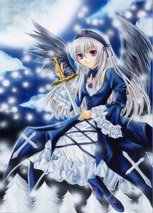 Rating: Safe Score: 0 Tags: 1girl black_wings dress flower frills hairband image long_hair long_sleeves looking_at_viewer purple_eyes rose silver_hair smile solo suigintou weapon wings User: admin