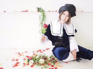 Rating: Safe Score: 0 Tags: 1girl brown_hair flower hat lips long_sleeves looking_at_viewer one_eye_closed petals red_flower rose sitting smile solo souseiseki striped vertical_stripes User: admin