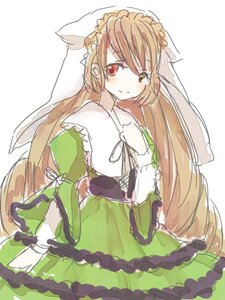 Rating: Safe Score: 0 Tags: 1girl blush brown_hair closed_mouth dress frills green_dress green_eyes heterochromia image long_hair long_sleeves looking_at_viewer red_eyes simple_background sketch smile solo suiseiseki very_long_hair white_background User: admin