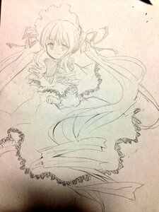 Rating: Safe Score: 0 Tags: 1girl blush bonnet dress drill_hair frills image long_hair long_sleeves looking_at_viewer monochrome shinku smile solo traditional_media twintails very_long_hair User: admin