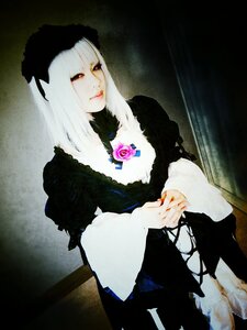 Rating: Safe Score: 0 Tags: 1girl bangs black_dress closed_mouth dress flower gothic_lolita lips lolita_fashion long_hair long_sleeves own_hands_together photo rose solo suigintou white_hair User: admin