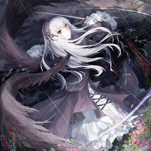 Rating: Safe Score: 0 Tags: 1girl black_capelet black_wings cloudy_sky dress flower frills gothic_lolita hairband image long_hair long_sleeves looking_at_viewer looking_back purple_flower rain red_eyes red_flower red_rose ribbon rose silver_hair solo suigintou very_long_hair wet wings User: admin