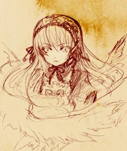 Rating: Safe Score: 0 Tags: 1girl dress frills hairband image lolita_hairband long_hair long_sleeves looking_at_viewer monochrome ribbon simple_background solo suigintou traditional_media upper_body wings User: admin