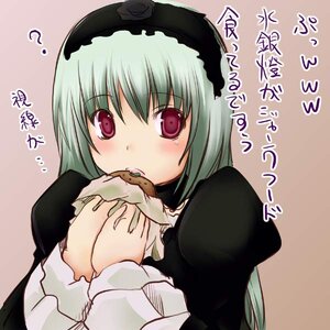 Rating: Safe Score: 0 Tags: 1girl ? bangs black_dress blush dress eating food hairband holding holding_food image juliet_sleeves lolita_hairband long_sleeves looking_at_viewer puffy_sleeves red_eyes simple_background solo suigintou text_focus upper_body User: admin