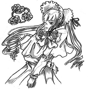 Rating: Safe Score: 0 Tags: 1girl bangs bonnet bow dress drill_hair flower frills greyscale image long_hair long_sleeves monochrome rose shinku simple_background solo twintails white_background User: admin