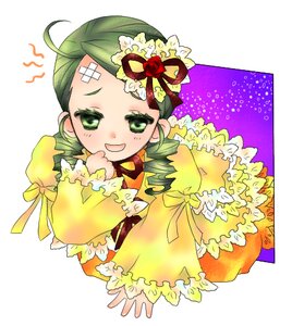 Rating: Safe Score: 0 Tags: 1girl :d ahoge blush dress drill_hair flower frills green_eyes green_hair image kanaria long_sleeves open_mouth rose simple_background smile solo white_background wide_sleeves yellow_dress User: admin