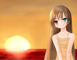Rating: Safe Score: 0 Tags: 1girl bare_shoulders blush brown_hair collarbone dress green_eyes heterochromia image long_hair looking_at_viewer red_eyes smile solo spaghetti_strap suiseiseki sun sunset upper_body User: admin