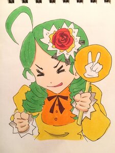 Rating: Safe Score: 0 Tags: 1girl >_< ahoge closed_eyes dress flower green_hair hair_flower hair_ornament image kanaria long_sleeves open_mouth red_flower red_rose rose simple_background smile solo upper_body v yellow_dress User: admin