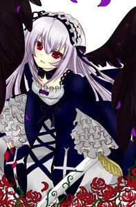 Rating: Safe Score: 0 Tags: 1girl black_wings detached_collar dress flower frilled_sleeves frills hairband image long_hair long_sleeves looking_at_viewer petals red_eyes red_flower red_rose rose rose_petals silver_hair smile solo suigintou wings User: admin