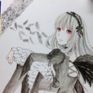 Rating: Safe Score: 0 Tags: 1girl closed_mouth dress feathers flower frilled_sleeves frills gothic_lolita hairband image long_hair long_sleeves looking_at_viewer red_eyes ribbon rose solo suigintou traditional_media upper_body wings User: admin