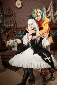 Rating: Safe Score: 0 Tags: 2girls boots closed_eyes dress flower gothic_lolita lolita_fashion long_hair multiple_cosplay multiple_girls rose tagme white_hair wings User: admin