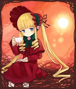 Rating: Safe Score: 0 Tags: 1girl blonde_hair blue_eyes bonnet bow bowtie cup dress drill_hair flower holding image long_hair long_sleeves looking_at_viewer red_dress rose shinku sitting solo teacup twintails User: admin