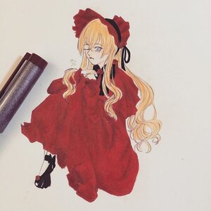 Rating: Safe Score: 0 Tags: 1girl black_footwear blonde_hair blue_eyes bonnet dress flower image long_hair long_sleeves red_dress rose shinku solo striped User: admin