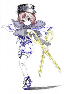 Rating: Safe Score: 0 Tags: 1boy auto_tagged capelet full_body green_eyes hat heterochromia image long_sleeves red_eyes shorts solo souseiseki standing sword weapon User: admin