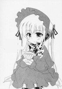 Rating: Safe Score: 0 Tags: 1girl blush bonnet bow bowtie dress greyscale image long_hair long_sleeves looking_at_viewer monochrome ribbon shinku solo standing very_long_hair User: admin