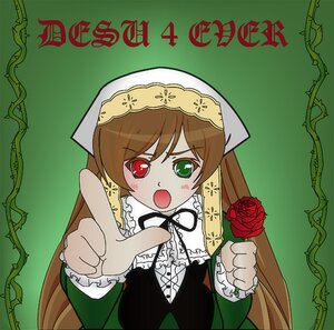 Rating: Safe Score: 0 Tags: 1girl :o brown_hair dress flower frills green_background green_eyes heterochromia image long_hair long_sleeves looking_at_viewer open_mouth plant pointing red_eyes rose solo suiseiseki upper_body vines User: admin