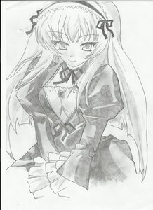 Rating: Safe Score: 0 Tags: 1girl breasts dress flower frills graphite_(medium) greyscale hairband image long_hair long_sleeves looking_at_viewer marker_(medium) monochrome ribbon rose shikishi simple_background smile solo suigintou traditional_media wings User: admin