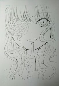 Rating: Safe Score: 0 Tags: 1girl bangs eyebrows_visible_through_hair flower frills greyscale image kirakishou looking_at_viewer monochrome portrait rose smile solo traditional_media wavy_hair User: admin
