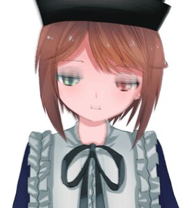 Rating: Safe Score: 0 Tags: 1girl apron bangs black_headwear blue_dress blurry brown_eyes brown_hair closed_mouth depth_of_field dress eyebrows_visible_through_hair frills green_eyes hat image looking_at_viewer ribbon short_hair simple_background solo souseiseki upper_body white_background User: admin