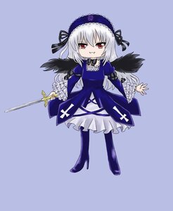 Rating: Safe Score: 0 Tags: 1girl black_wings boots dress flower frills full_body grin hairband high_heel_boots image long_hair long_sleeves looking_at_viewer red_eyes ribbon rose silver_hair simple_background smile solo suigintou weapon wings User: admin