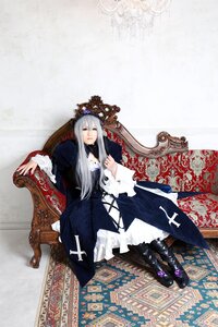 Rating: Safe Score: 0 Tags: 1girl chair dress long_hair long_sleeves silver_hair sitting solo suigintou throne User: admin