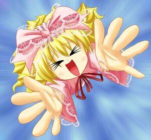 Rating: Safe Score: 0 Tags: 1girl :d >_< blonde_hair closed_eyes foreshortening hat hinaichigo image long_sleeves open_mouth outstretched_arms outstretched_hand pink_bow ribbon short_hair smile solo underwear User: admin