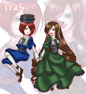 Rating: Safe Score: 0 Tags: 2girls brown_hair dress drill_hair frills green_dress green_eyes hair_over_one_eye halftone halftone_background hat holding_hands image long_hair long_sleeves multiple_girls pair pantyhose polka_dot polka_dot_background short_hair siblings sisters smile souseiseki suiseiseki twins very_long_hair zoom_layer User: admin