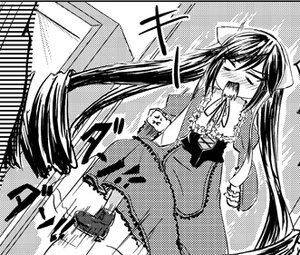 Rating: Safe Score: 0 Tags: 1girl blush closed_eyes dress emphasis_lines greyscale hair_ribbon image long_hair monochrome motion_lines ribbon solo suiseiseki twintails very_long_hair User: admin