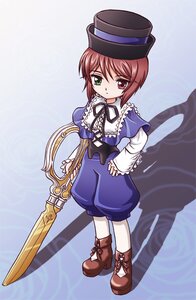 Rating: Safe Score: 0 Tags: 1girl boots bow brown_footwear brown_hair full_body green_eyes hat heterochromia image long_sleeves looking_at_viewer red_eyes ribbon short_hair solo souseiseki standing top_hat weapon User: admin