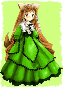 Rating: Safe Score: 0 Tags: 1girl animal_ears auto_tagged blush brown_hair dress frills full_body green_dress green_eyes heterochromia image long_hair long_sleeves looking_at_viewer red_eyes simple_background solo standing suiseiseki tail very_long_hair white_background User: admin