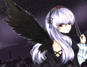 Rating: Safe Score: 0 Tags: 1girl black_wings dress feathers flower frills hairband image long_hair long_sleeves looking_at_viewer looking_back night night_sky red_eyes rose silver_hair sky solo star_(sky) starry_sky suigintou wings User: admin