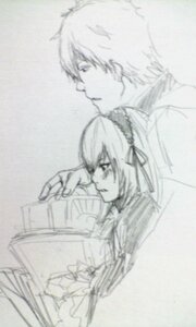 Rating: Safe Score: 0 Tags: 1boy 1girl blurry depth_of_field hair_ribbon image long_sleeves monochrome profile ribbon short_hair sketch solo suigintou User: admin