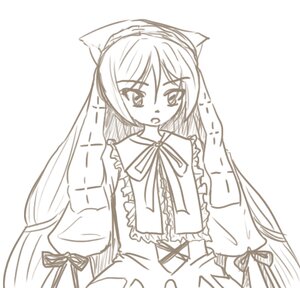 Rating: Safe Score: 0 Tags: 1girl blush capelet dress frills greyscale image long_hair long_sleeves looking_at_viewer monochrome ribbon simple_background solo suiseiseki very_long_hair white_background User: admin