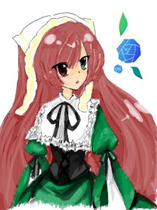 Rating: Safe Score: 0 Tags: 1girl brown_hair dress flower frills green_dress heterochromia image long_hair long_sleeves looking_at_viewer red_eyes ribbon rose simple_background solo suiseiseki very_long_hair white_background User: admin